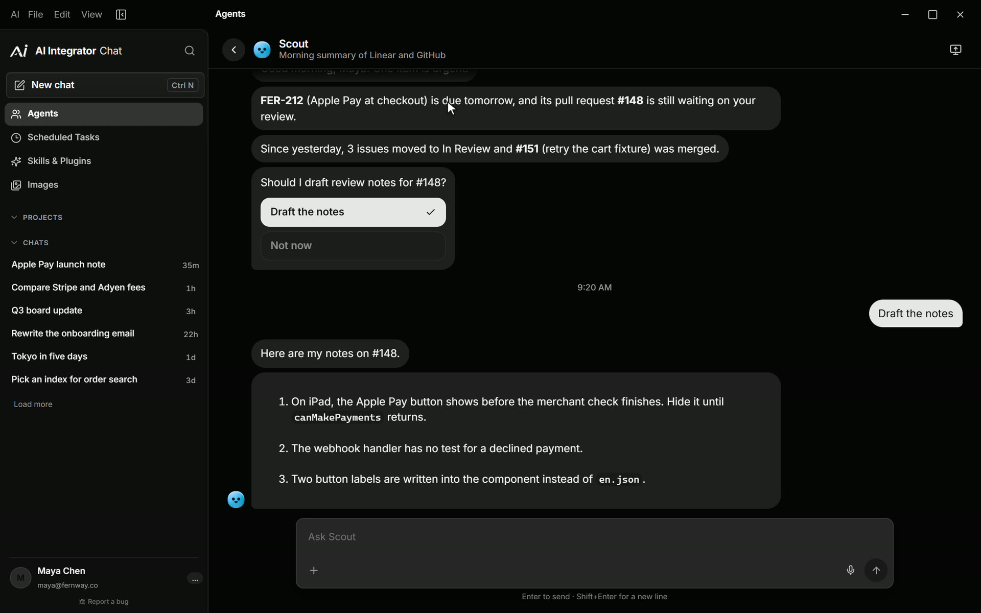 In the desktop app, Maya opens Scout from the Agents list. The notes Scout wrote after her answer on the iPhone are there. She opens Scout's profile and its instructions.