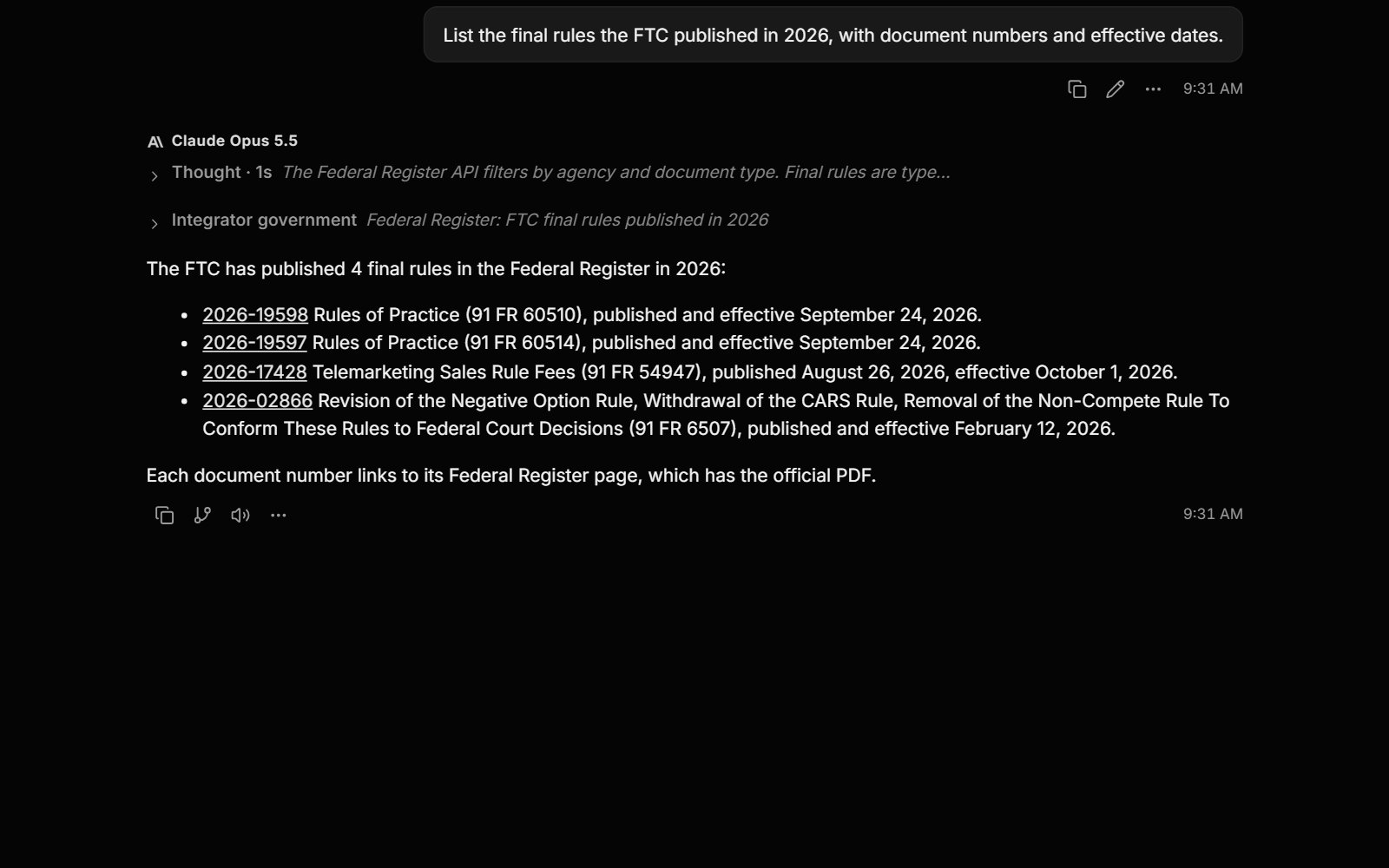 Chat lists the final rules the FTC published in the Federal Register in 2026, with document numbers, effective dates, and links to the official pages.
