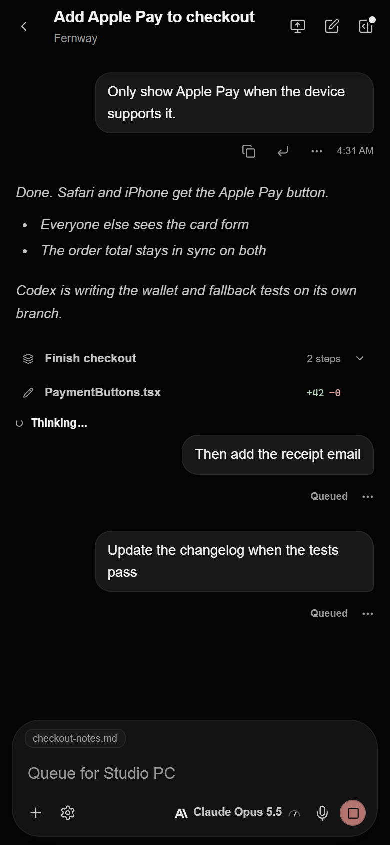 A Claude Code chat on iPhone adding Apple Pay to checkout, with a plan, a changed file, and two queued messages.