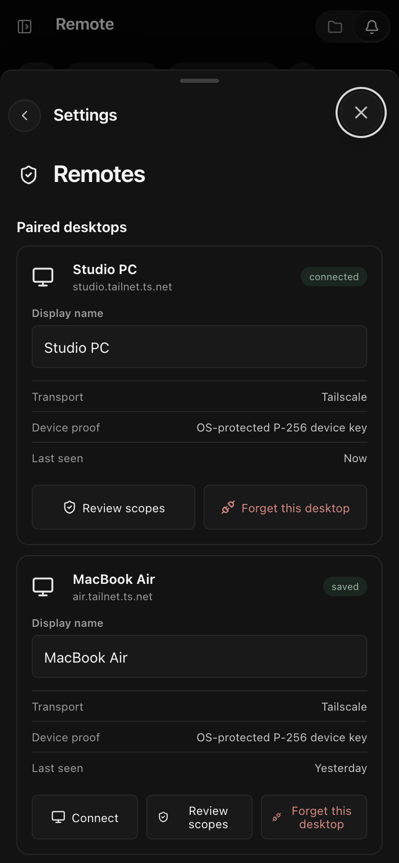 Paired desktops with transport, device proof, and scope review.