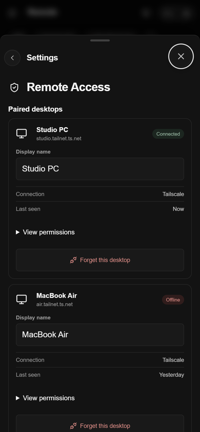 Remote Access on iPhone: paired computers, how each one connects, and when each was last seen.