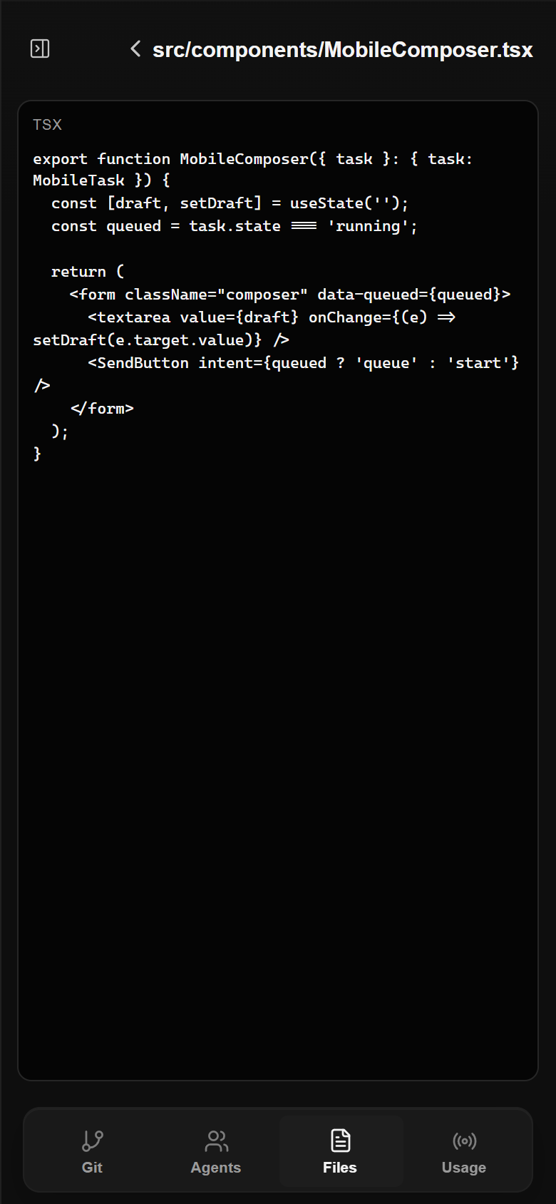 A preview of MobileComposer.tsx from a project on the computer.