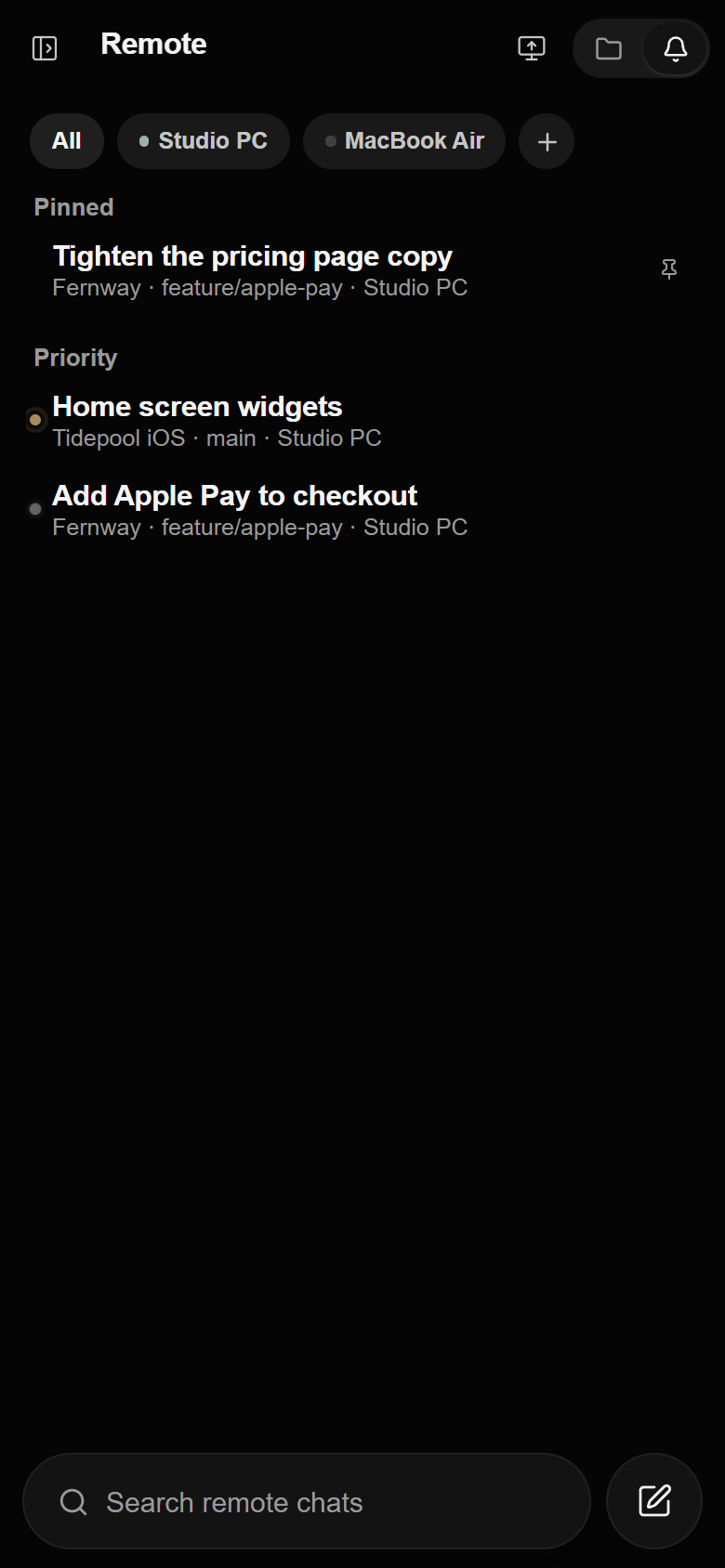 Remote on iPhone, listing chats on paired computers.