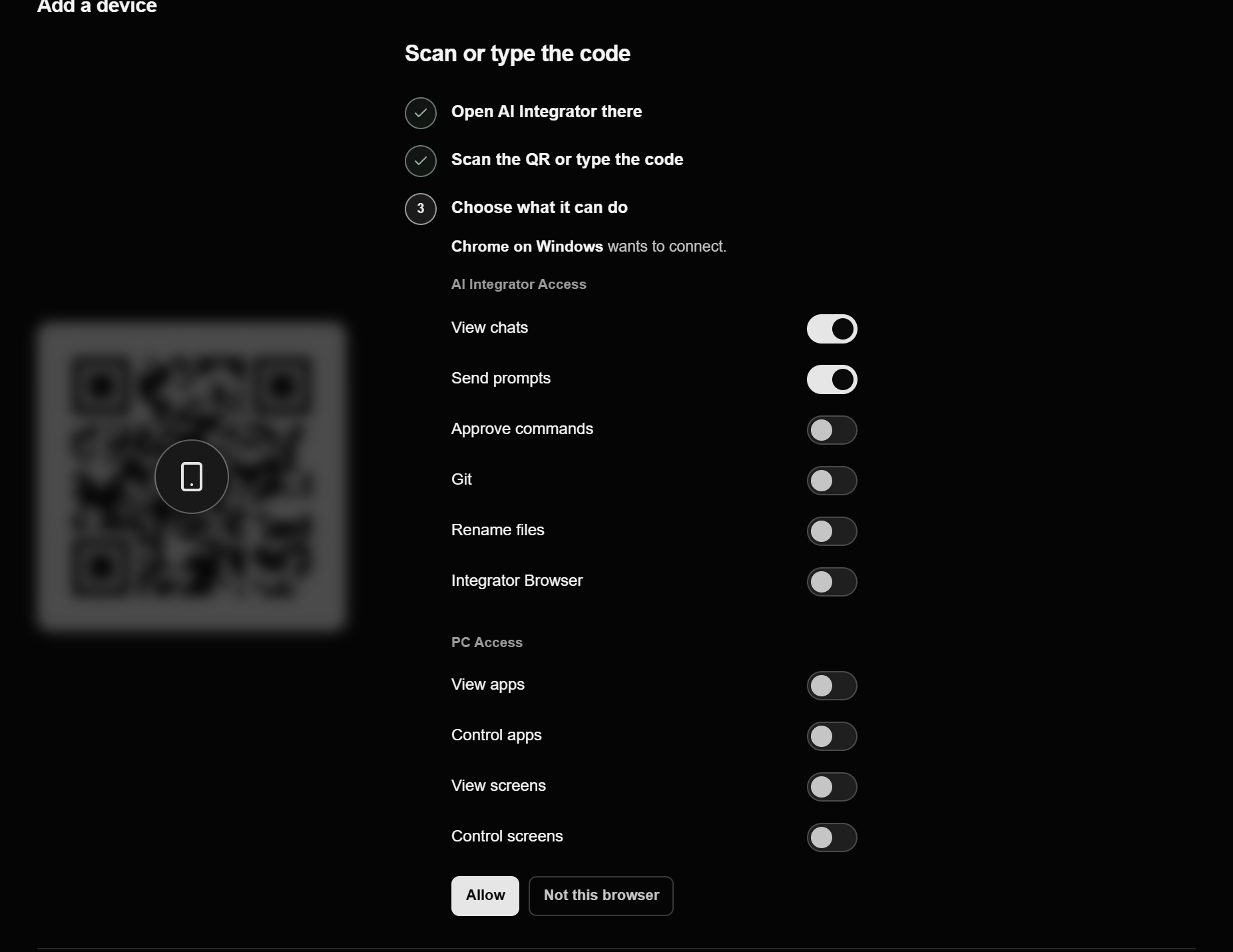 The request on the computer, with the permission switches and Allow