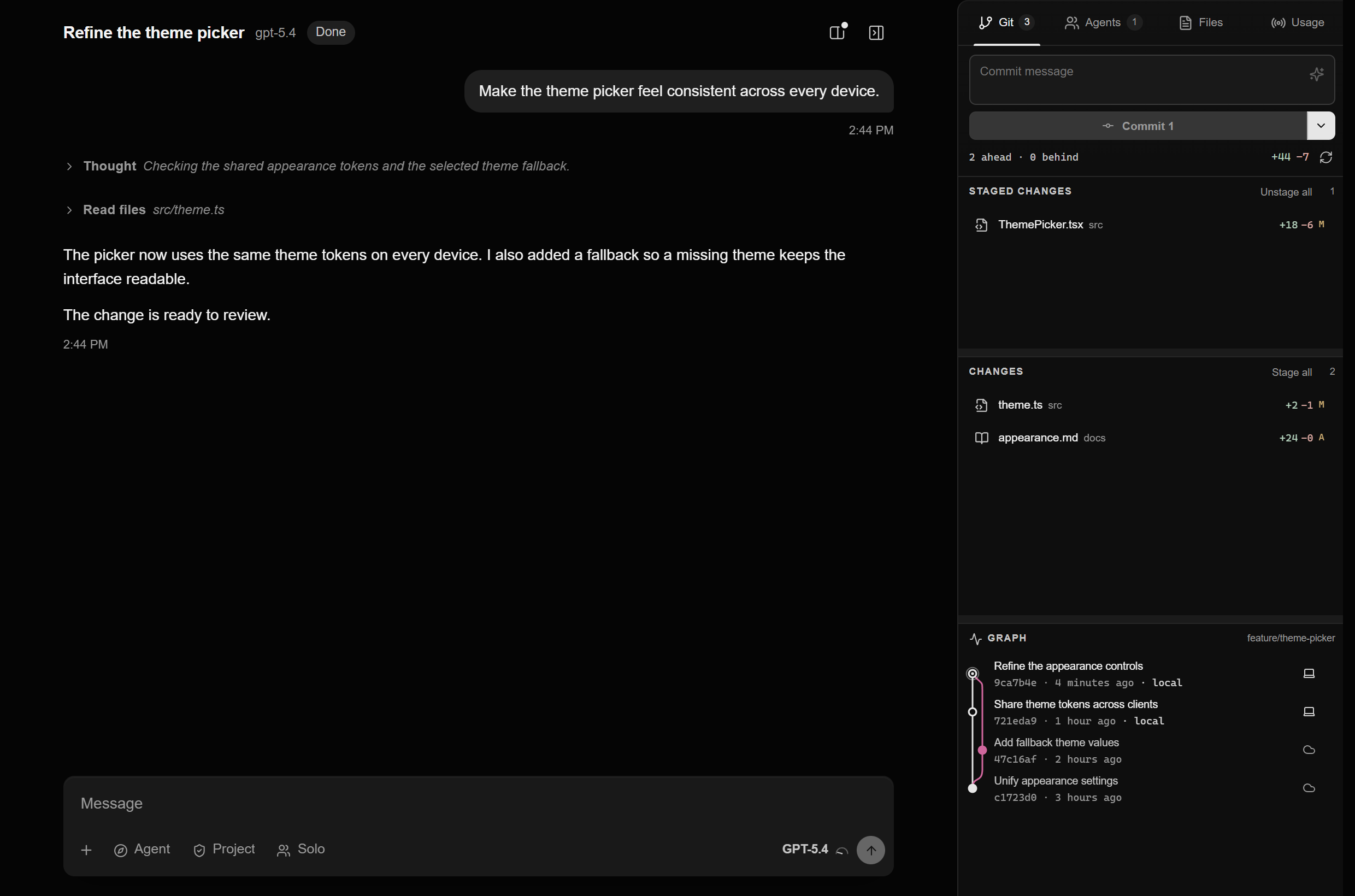 A Code chat from a paired computer, with staged changes, Commit, and the commit graph beside it.