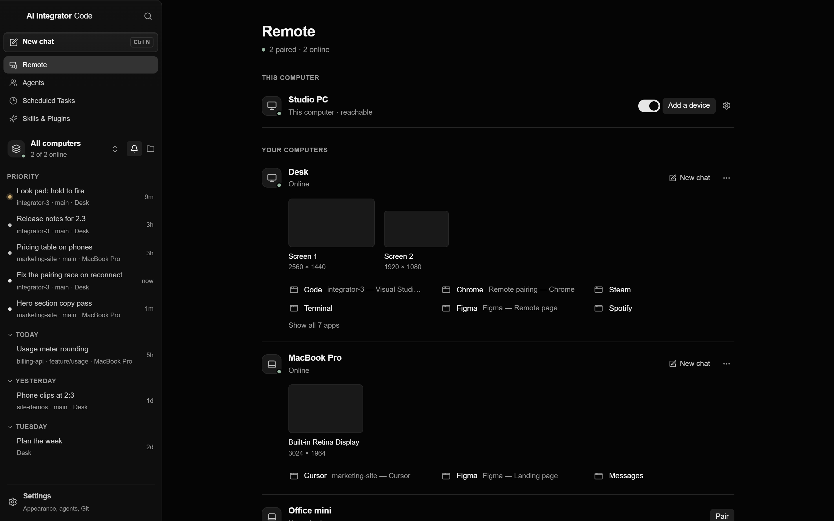 Remote in the desktop app: this computer, then two paired computers with their screens and open apps.