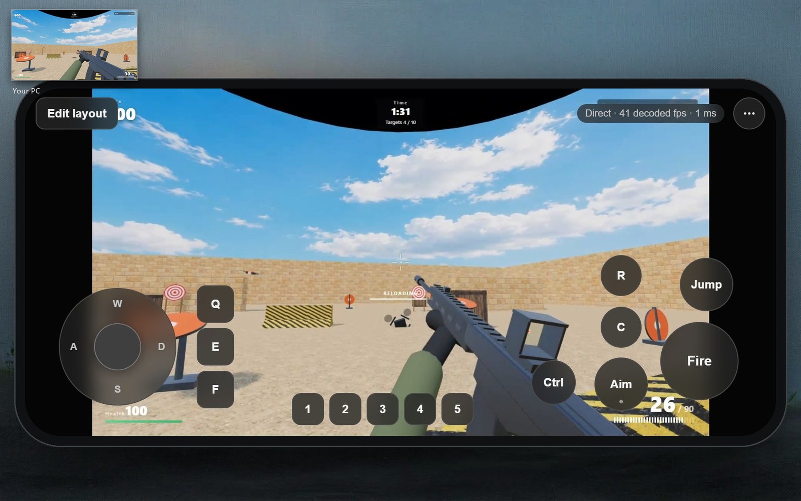 On an iPhone, Remote opens a Windows PC's screen. A search finds a browser game, the game goes full screen, and the phone switches to Gamepad to walk, aim, and hit six targets.
