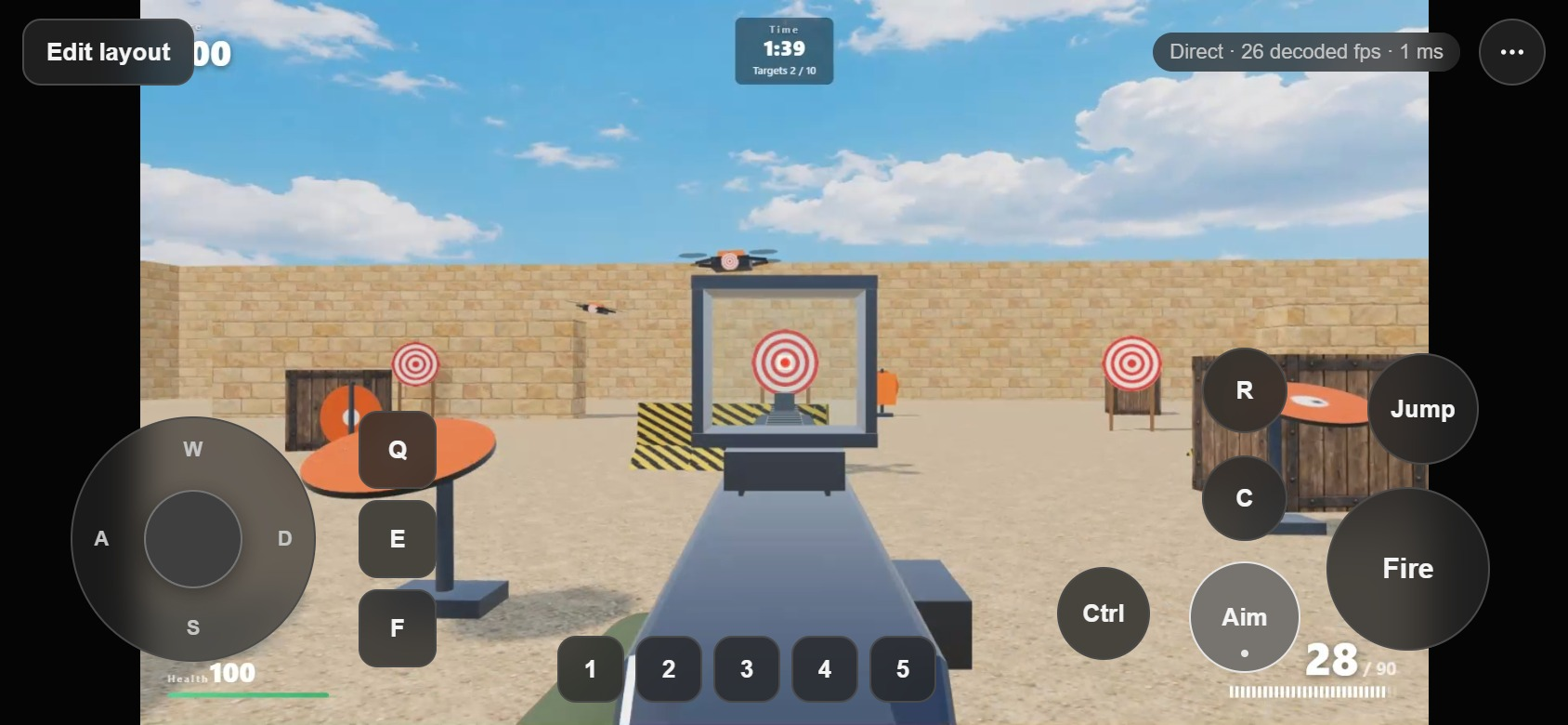 Gamepad on iPhone over a 3D shooting range on a PC, aiming down the sight at a target: a W, A, S, D stick, Q, E, and F, number keys, and Fire, Aim, Jump, Ctrl, C, and R.