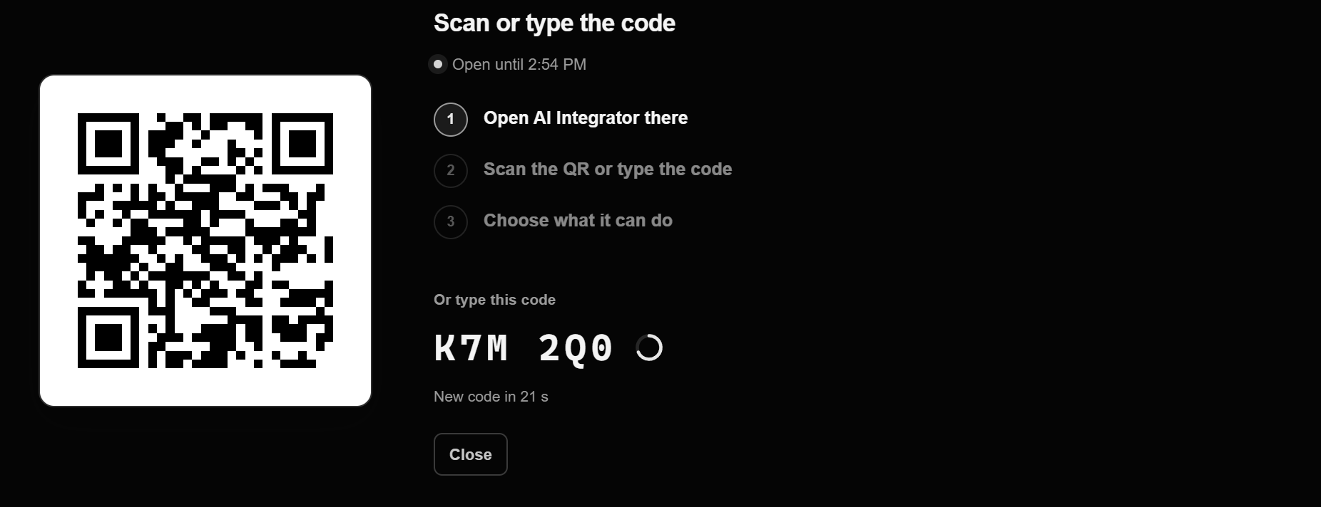 The pairing screen on a computer: a QR code, a six-character code with a timer, and three steps ending with choosing what the device can do.