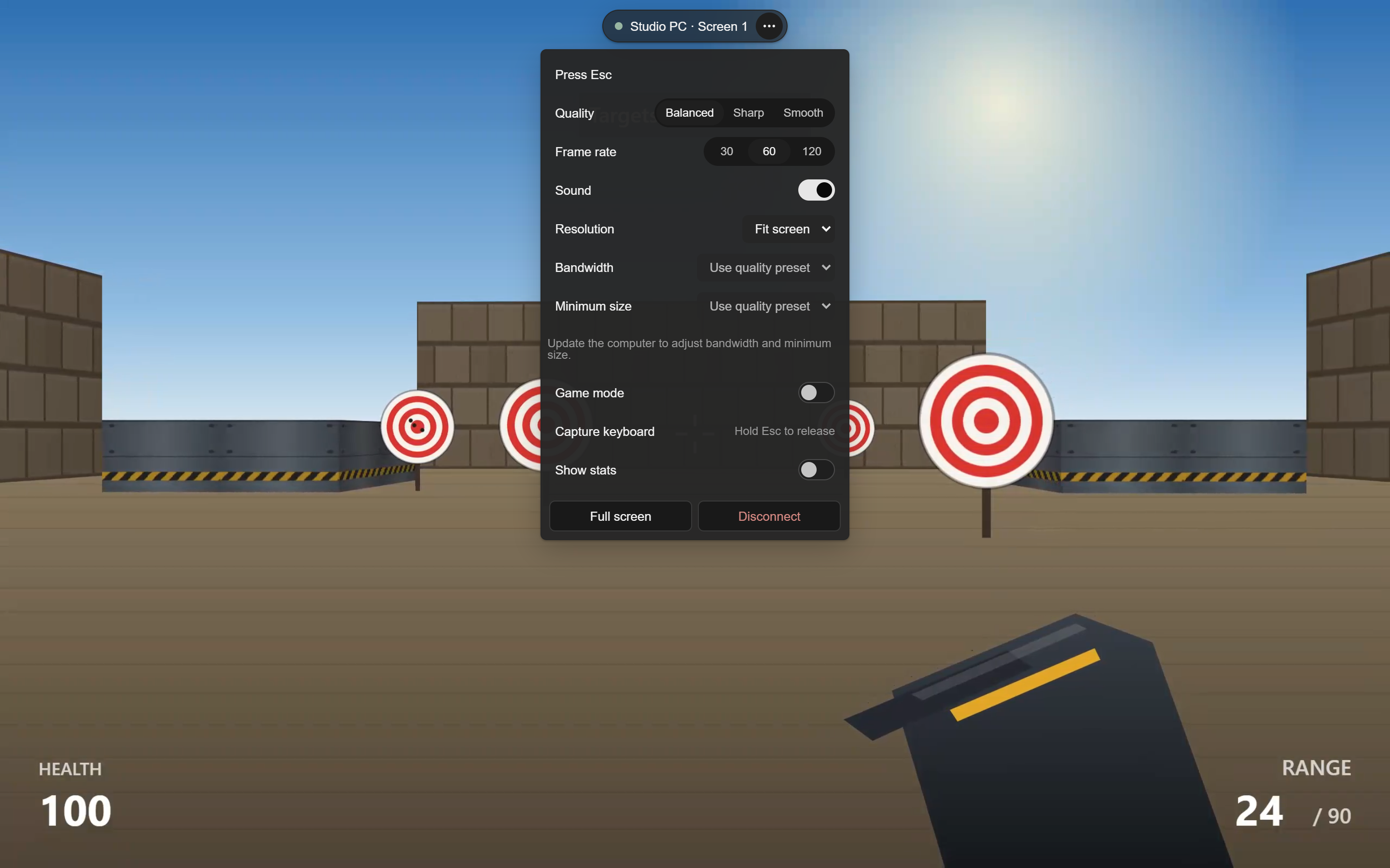 The viewer's menu over a game: quality, frame rate, sound, resolution, game mode, keyboard capture, and Disconnect.